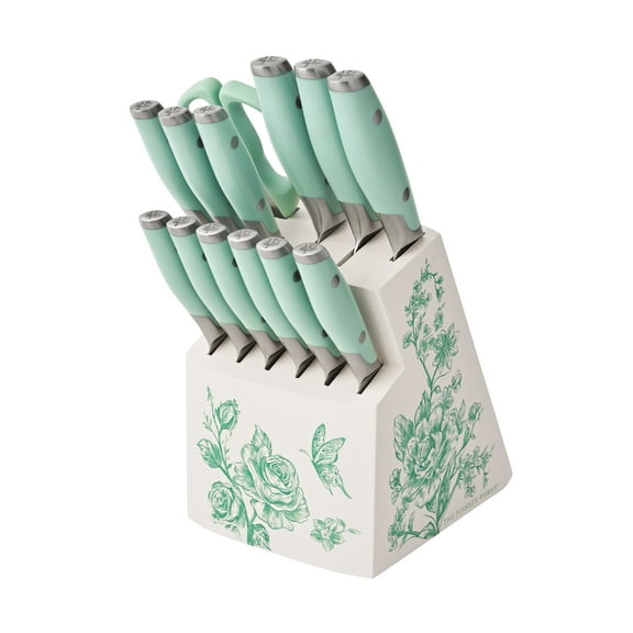 The Pioneer Woman  14 Pieces Knife Set with Decal Block Stainless Steel Knives, Forged, Green Agatha