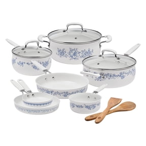 The Pioneer Woman 12-Piece Classic Aluminum Cookware Set, PFAS-Free Ceramic Nonstick, Pots and Pans Set with Decal Pattern, Agatha Blue