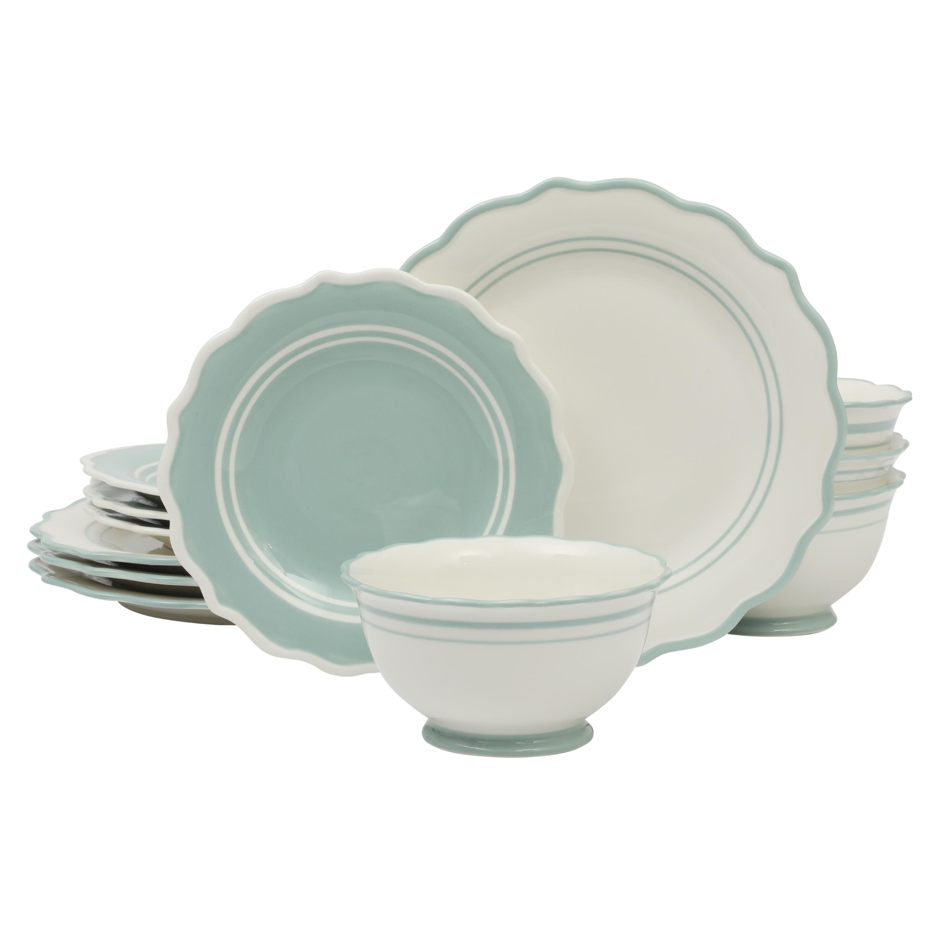 The Pioneer Woman Ainsley 12-Piece Ceramic Dinnerware Set, Sage Blue