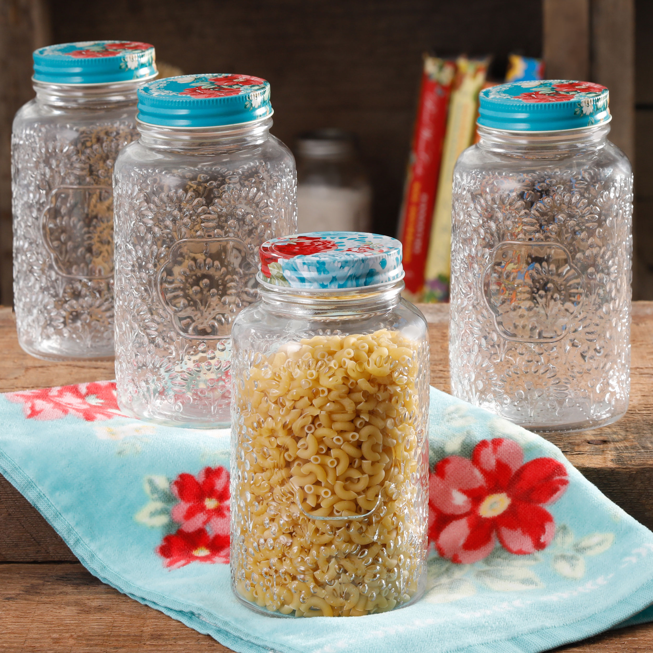 The Pioneer Woman Betsy Set of 4, 32-Ounce Glass Storage Jars with Lids - image 1 of 3