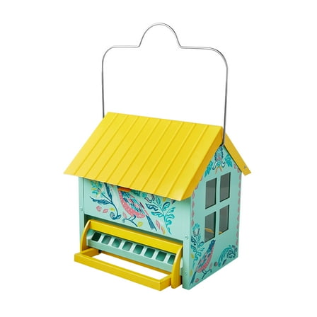 The Pioneer Woman Bird Ogee Metal Squirrel Proof Hopper Bird Feeder 5.5QT , Teal Yellow