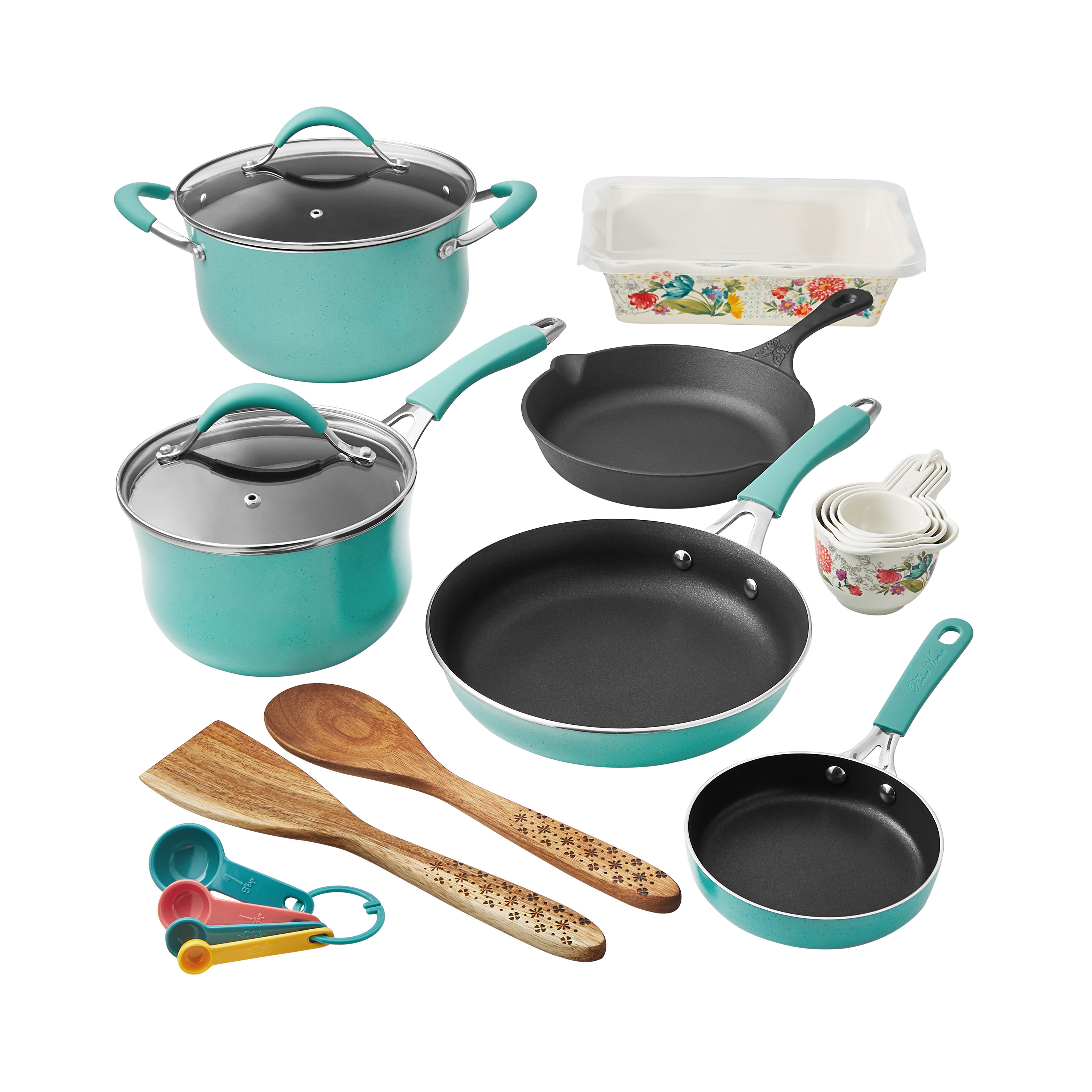 The Pioneer Woman Blooming Bouquet Aluminum Nonstick 19-Piece Cookware Set, Teal - image 1 of 11