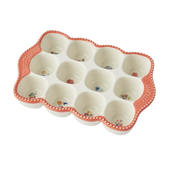 The Pioneer Woman Ceramic Blooming Bouquet Stoneware Egg Holder, Made for Refrigerator Egg Storage