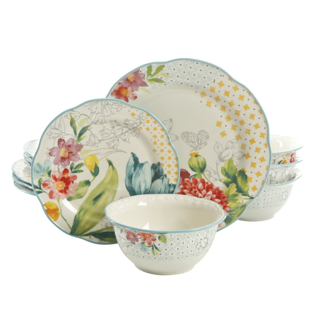 The Pioneer Woman Blooming Bouquet White Ceramic 12-Piece Dinnerware Set