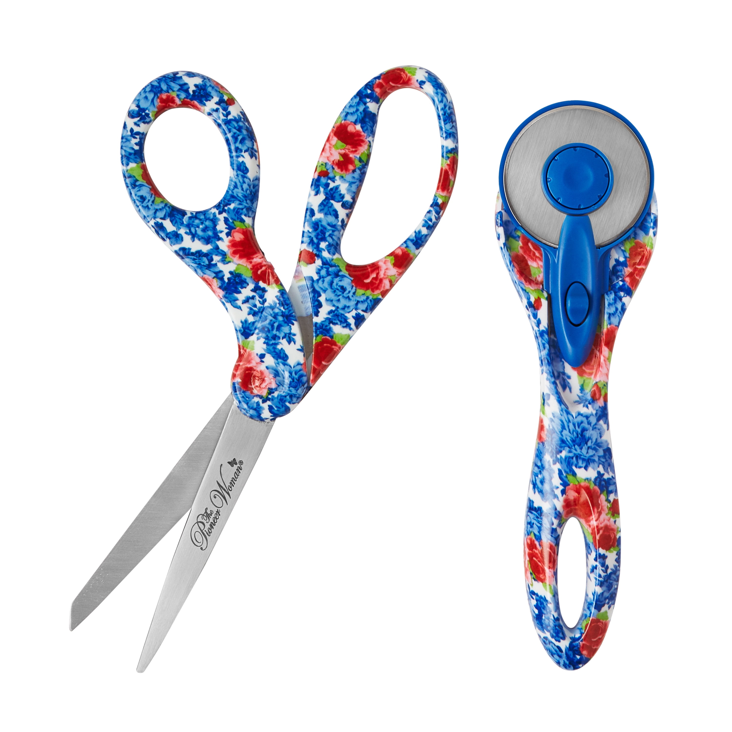 Pioneer Woman Blue Heritage Floral 45mm Rotary Cutter & Fabric Scissors Set