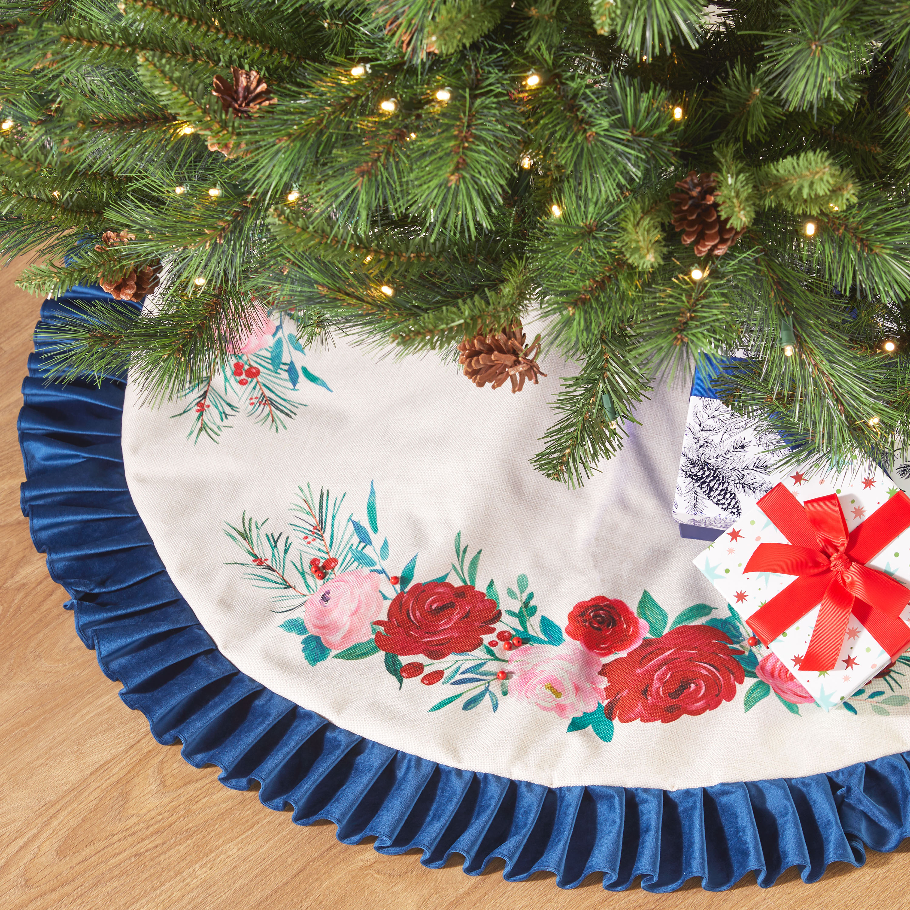 The Pioneer Woman Blue Ruffle & Red Roses Christmas Tree Skirt, 48" - image 1 of 5