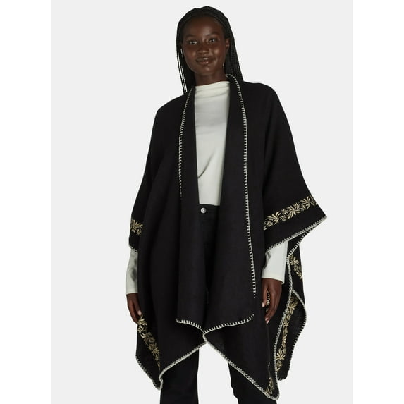 The Pioneer Woman Border Embroidery Ruana Layering Piece, Black Beauty, Women's