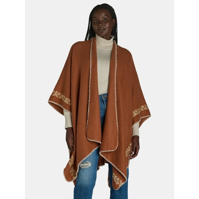 The Pioneer Woman Border Embroidery Ruana Layering Piece, Cognac