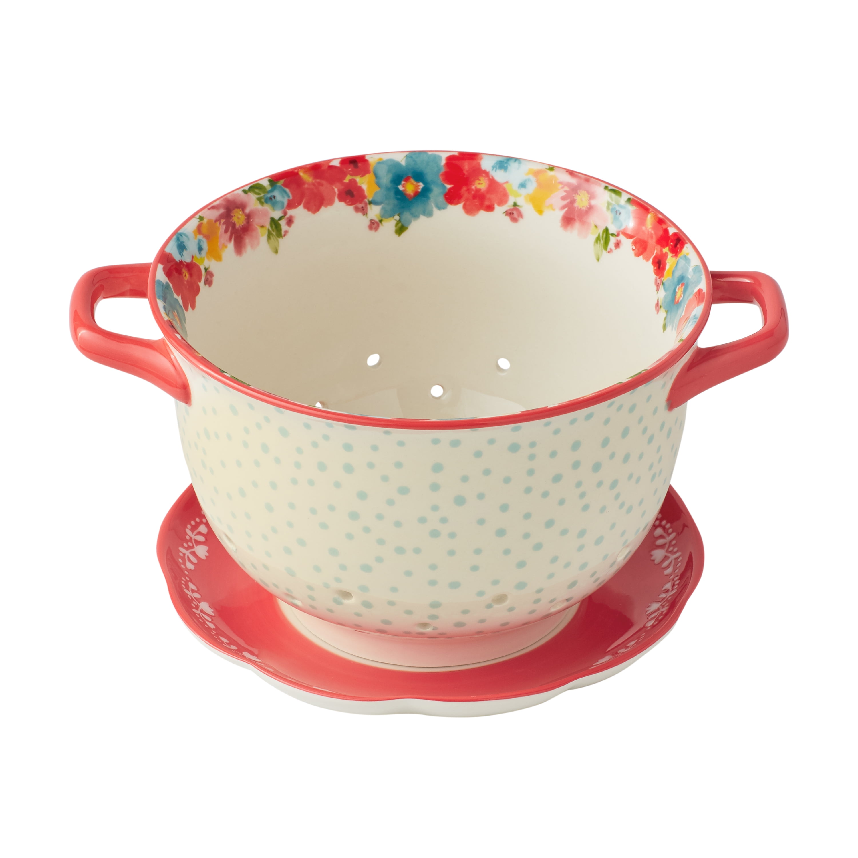 Breezy Blossom Red and White Ceramic Colander with Drip Plate