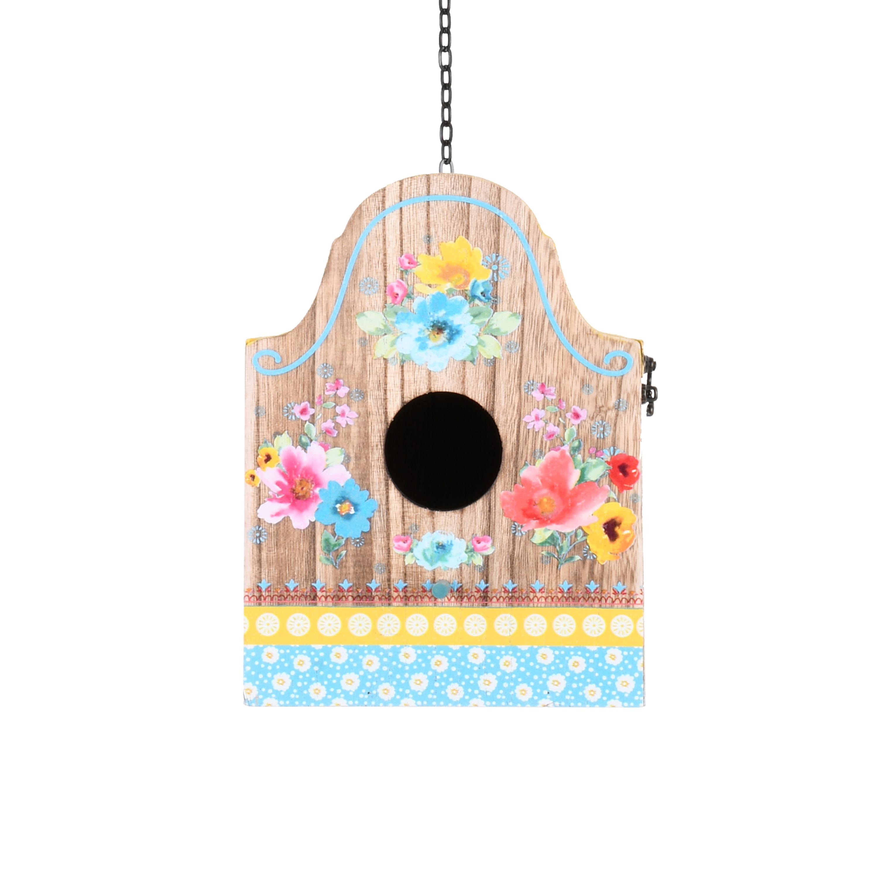 The Pioneer Woman Breezy Blossom Yellow Wood Birdhouse with Removable Roof, 6.3" x 7.2" x 8"