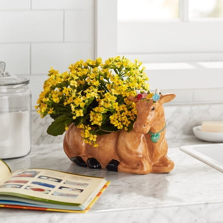 The Pioneer Woman 13.5" x 5.5" 8.75" Cow Brown Stoneware Solid Color Outdoor Living Plant Pot 6 inch with Drainage Holes, Has Drainage, Weather-Resistant