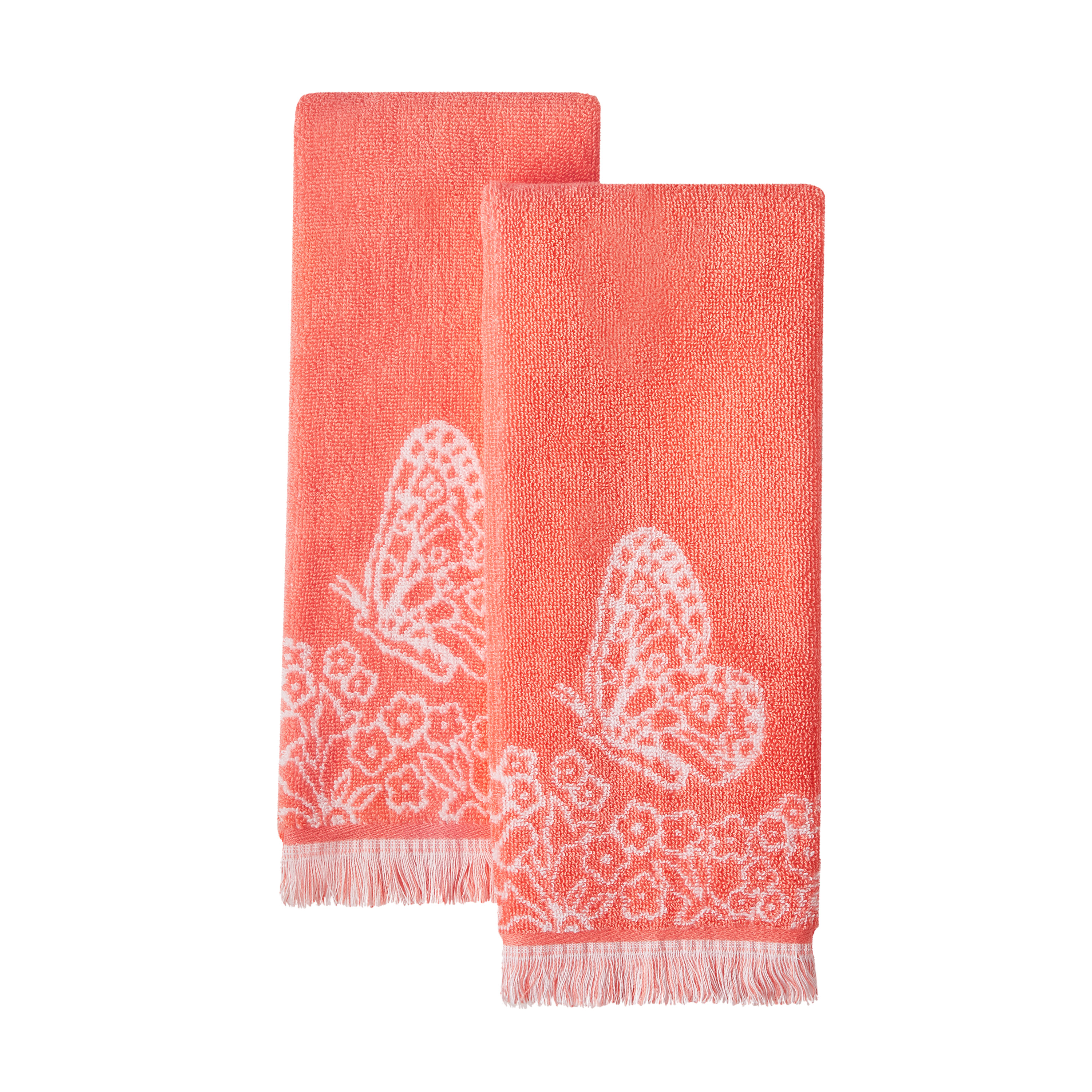 The Pioneer Woman Butterfly Garden 2-Pack Cotton Hand Towel Set, Coral Bell - image 1 of 5