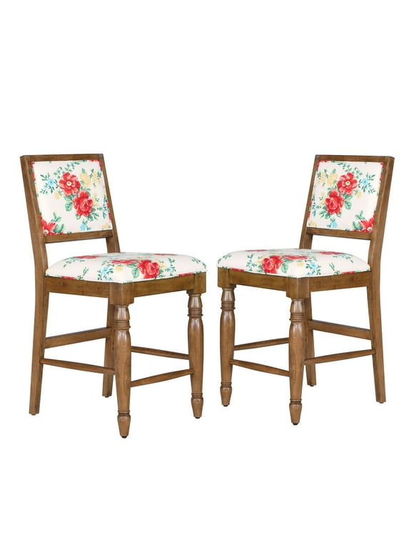 The Pioneer Woman Callie Vintage Floral Counter Height Stools Made With Solid Wood Frame, Set of 2, Brown Walnut
