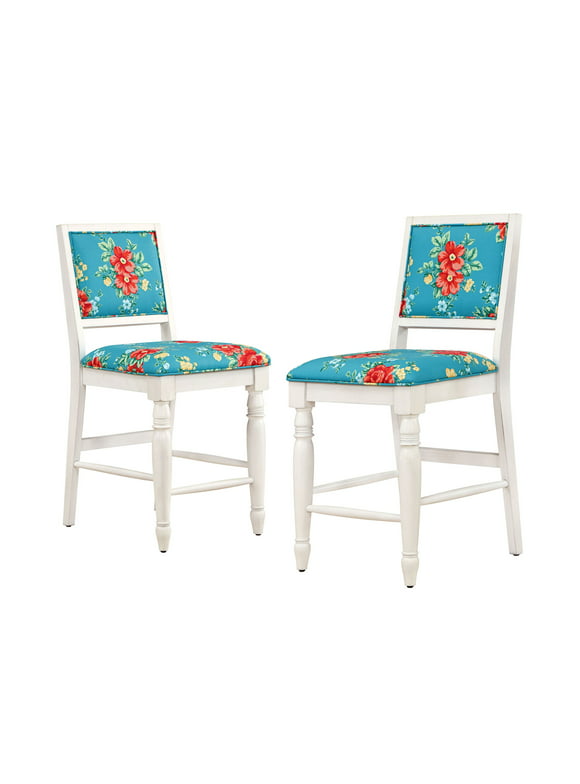 The Pioneer Woman Callie Vintage Floral Counter Height Stools Made With Solid Wood Frame, Set of 2, Teal