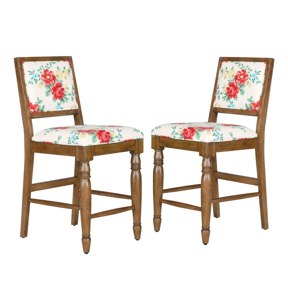 The Pioneer Woman Callie Vintage Floral Bar Stool, Warm Brown Finish, Set of 2