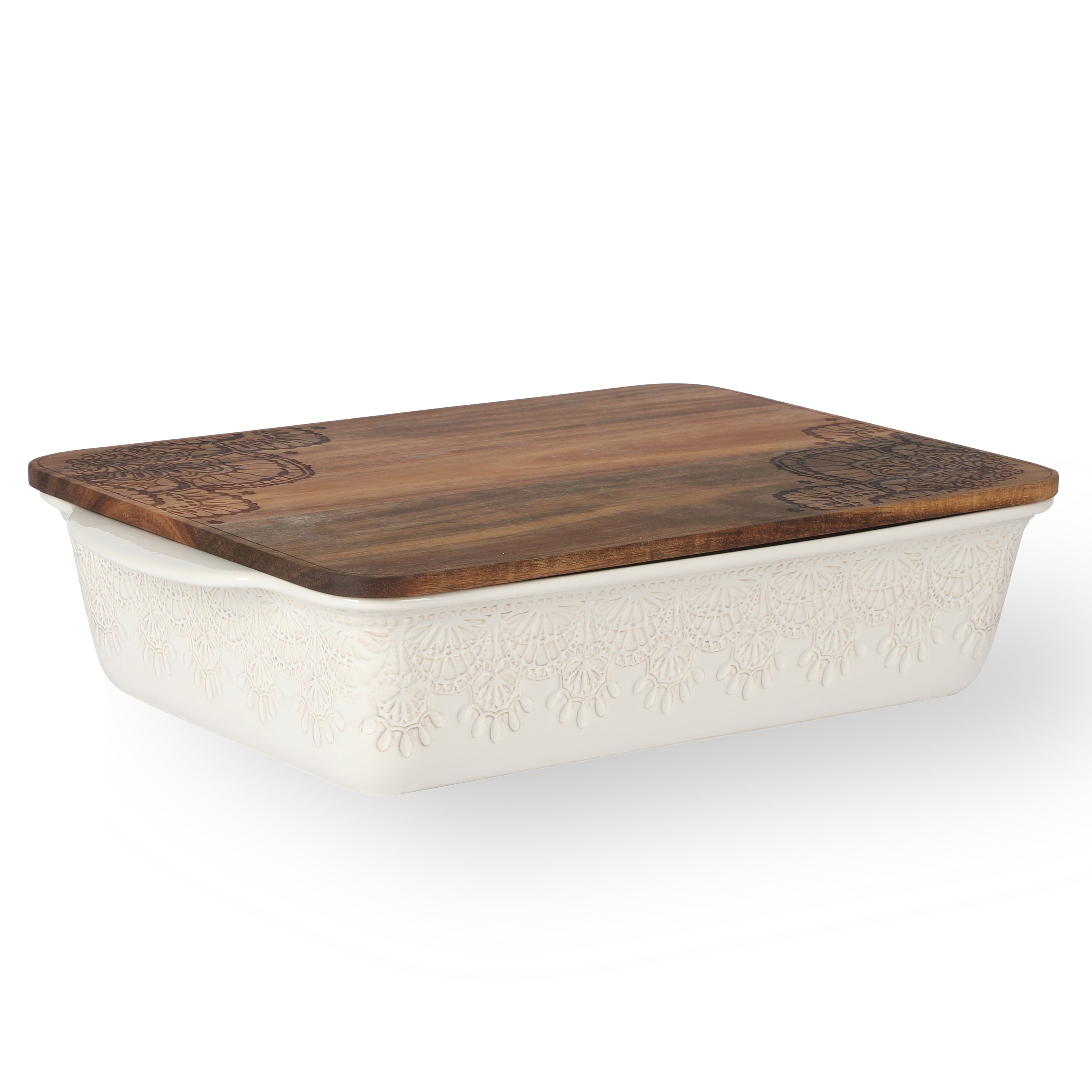 The Pioneer Woman 9" x 13" Vintage Lace Ceramic Casserole Baking Dish with Wood Lid, Linen