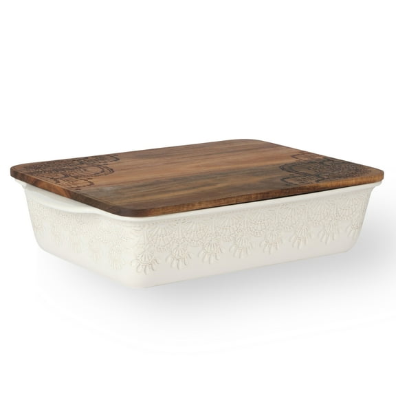 The Pioneer Woman 9" x 13" Vintage Lace Ceramic Casserole Baking Dish with Wood Lid, Linen