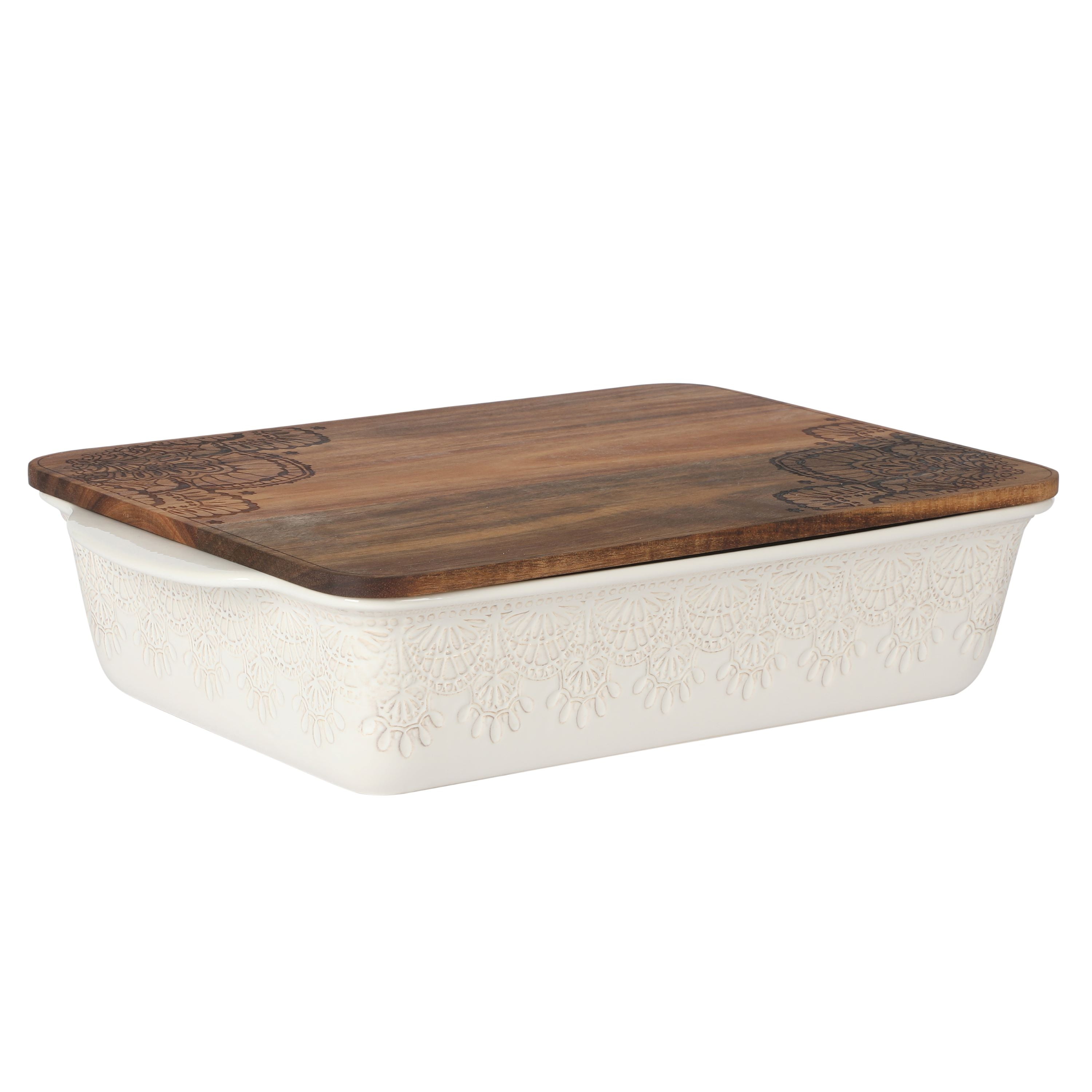 The Pioneer Woman 9" x 13" Vintage Lace Ceramic Casserole Baking Dish with Wood Lid, Linen - Walmart.com