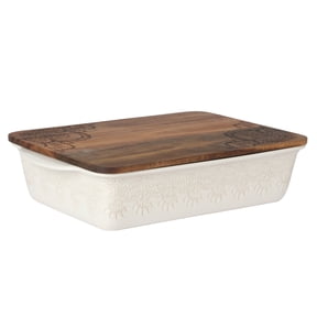 The Pioneer Woman Vintage Lace 13" x 9" 6 qt Linen Ceramic Casserole Baking Dish, with Wood Lid