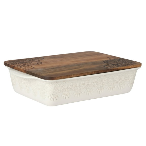 The Pioneer Woman 9" x 13" Vintage Lace Ceramic Casserole Baking Dish with Wood Lid, Linen