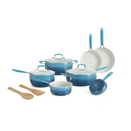 The Pioneer Woman Ceramic Classic 12 Piece Non Stick Aluminum Cookware Set, Blue