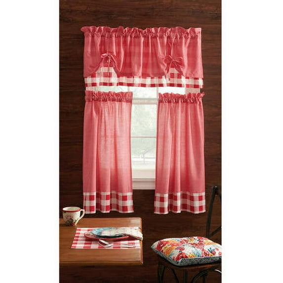 The Pioneer Woman Charming Check Curtain and Valence Set, Red, 30"W x 60"L, 3 Piece