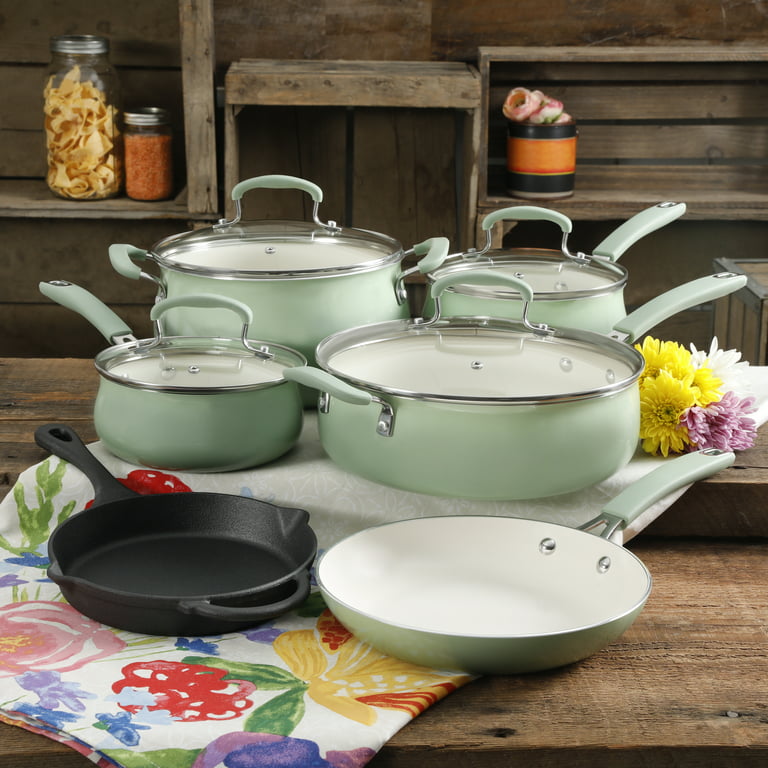 NEW PIONEER WOMAN 12 PIECE OMBRE TEAL CERAMIC COOKWARE SET! + 12