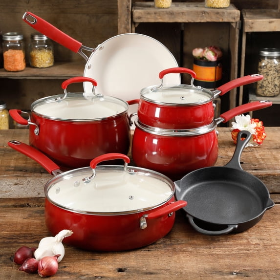 The Pioneer Woman Classic Belly 10 Piece Ceramic Non-stick and Cast Iron Cookware Set, Red