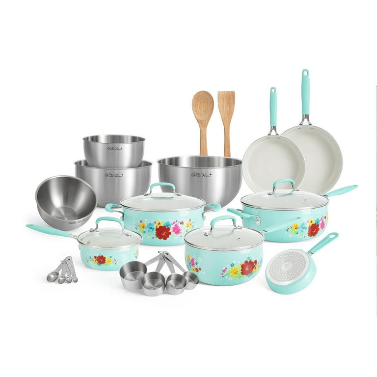 The Pioneer Woman Classic Ceramic Breezy Blossom Cookware Set, 25 Piece Set  