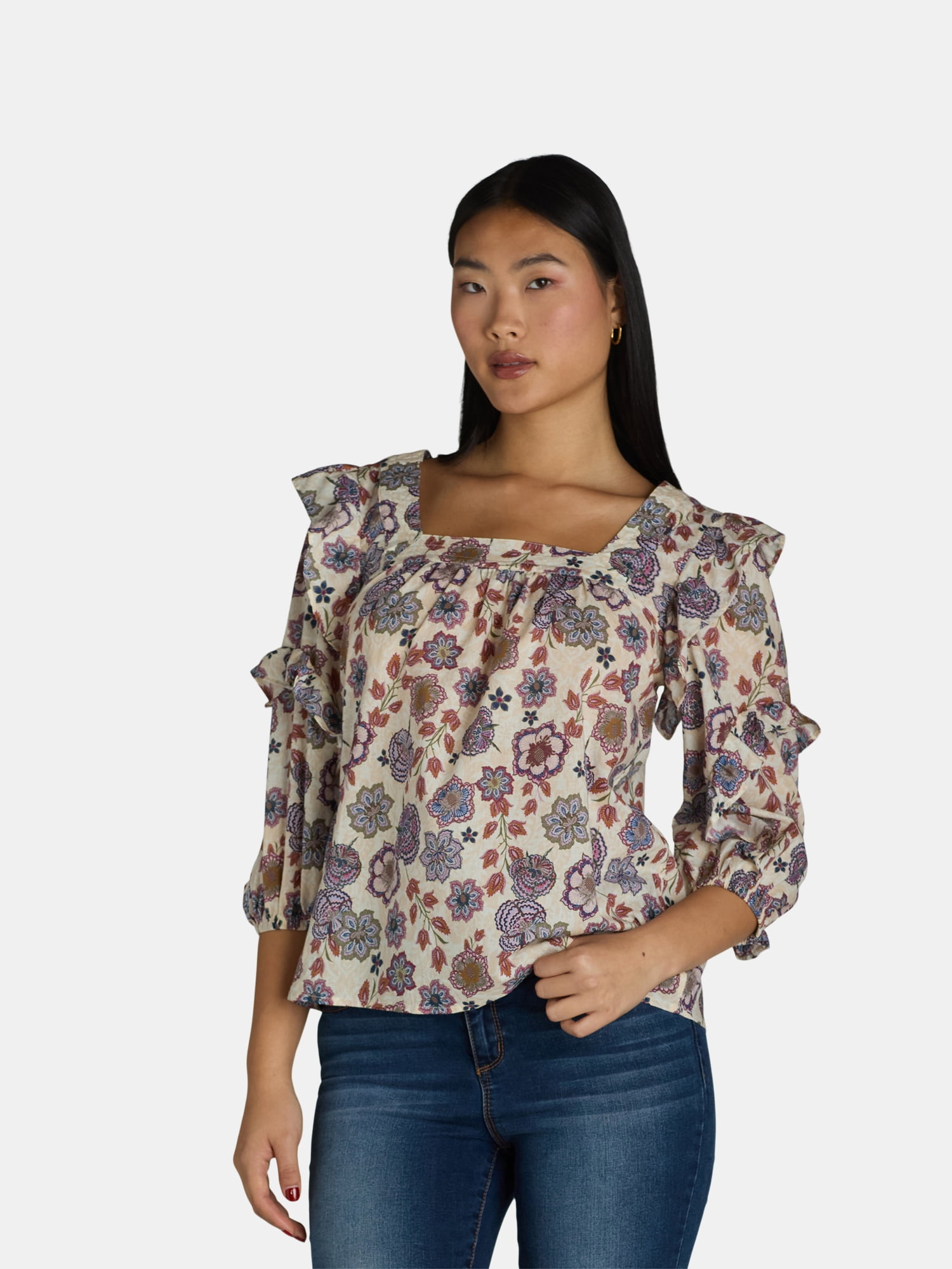 The Pioneer Woman Cotton Square Neck Blouse with Ruffle Sleeves, Women ...