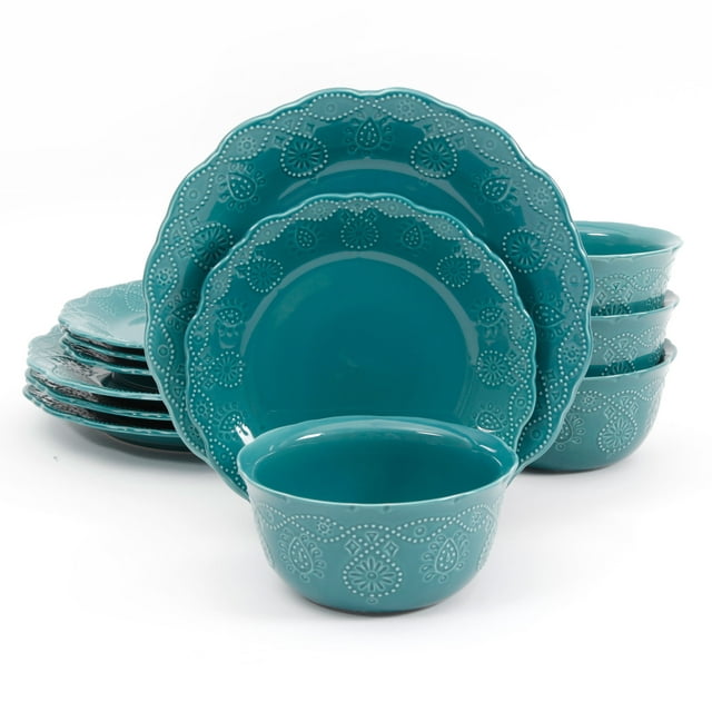 The Pioneer Woman Cowgirl Lace 12-Piece Dinnerware Set, Teal