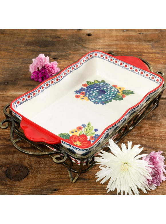The Pioneer Woman Dazzling Dahlias 3.15-Quart 2-Piece Ceramic Baking Dish with Metal Rack