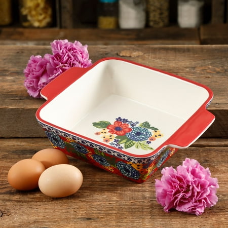 The Pioneer Woman Dazzling Dahlias 8-inch Ceramic Red Square Baker Dish