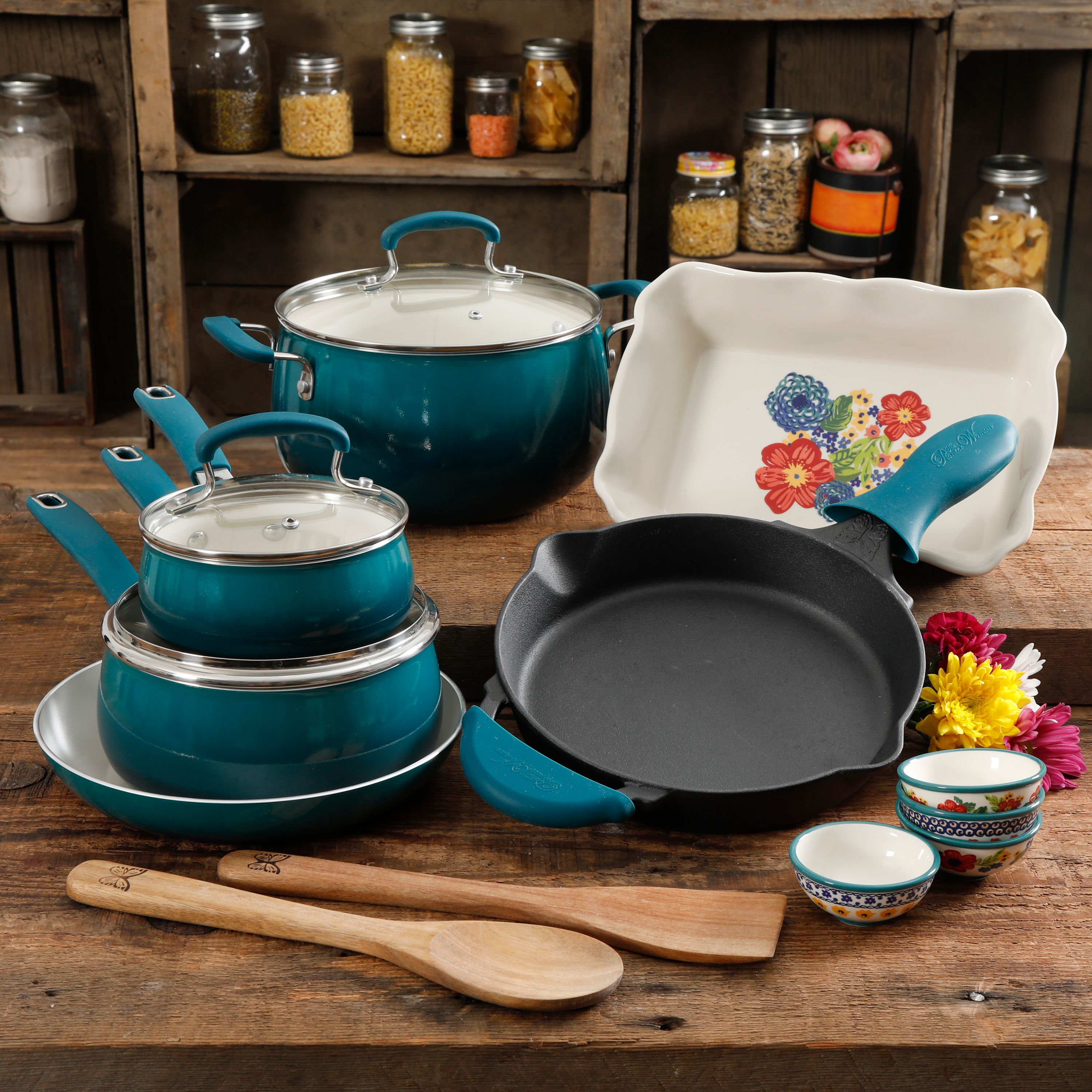 The Pioneer Woman Dazzling Dahlias Cookware, 17 Piece - image 1 of 15