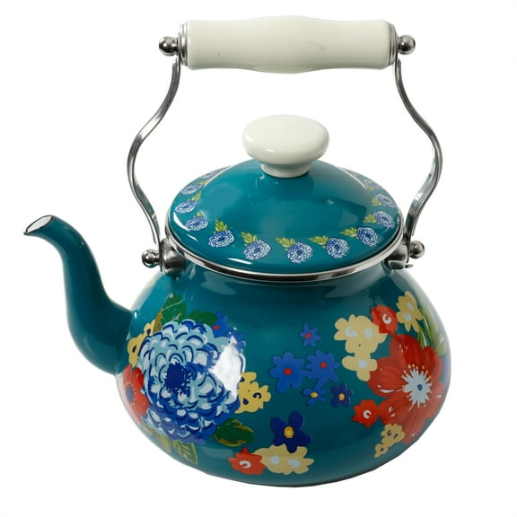 The Pioneer Woman Dazzling Dahlias Enamel on Steel 2 Quart Tea Kettle, Teal
