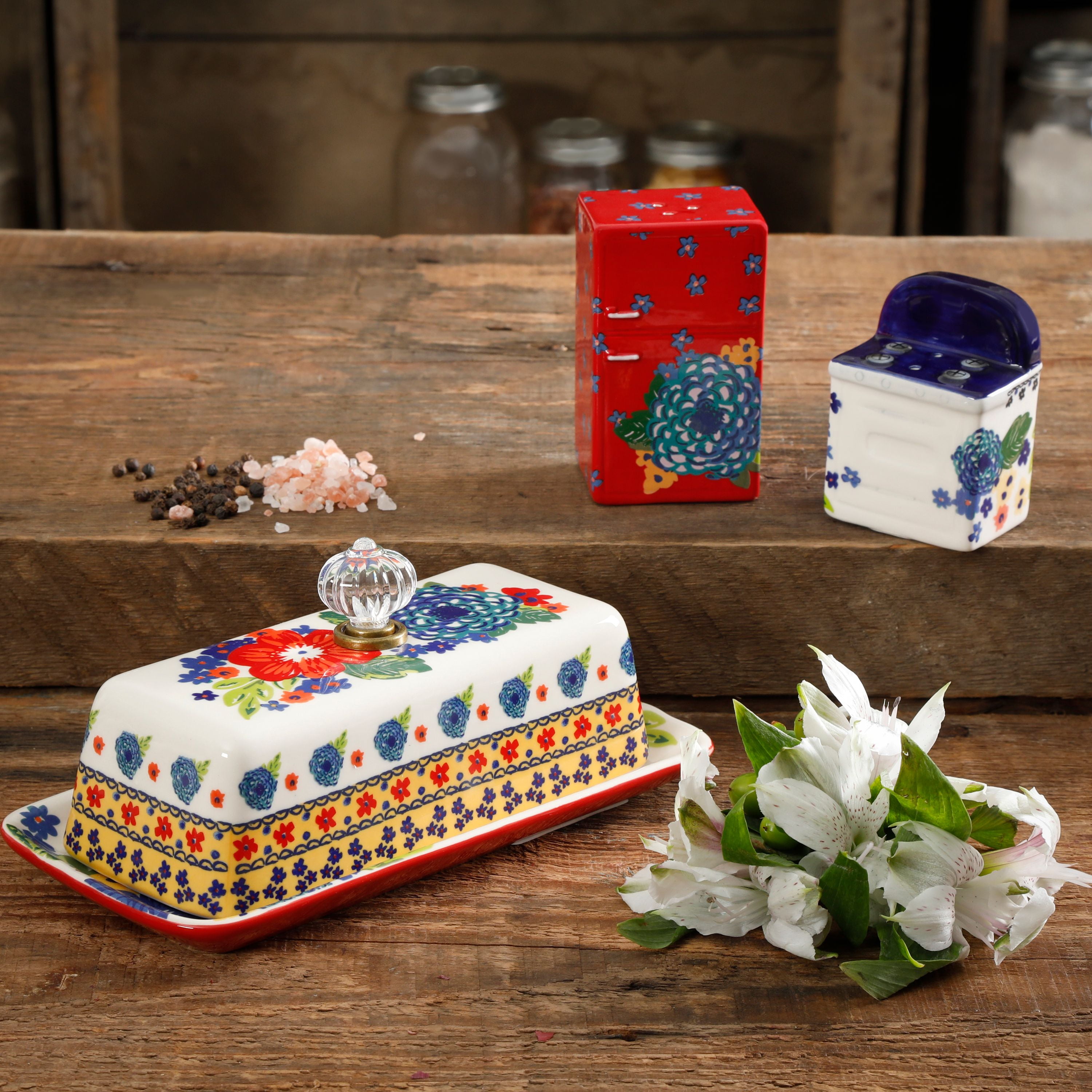 The Pioneer Woman Dazzling Dahlias White 4-Piece Butter Dish and Salt & Pepper Set