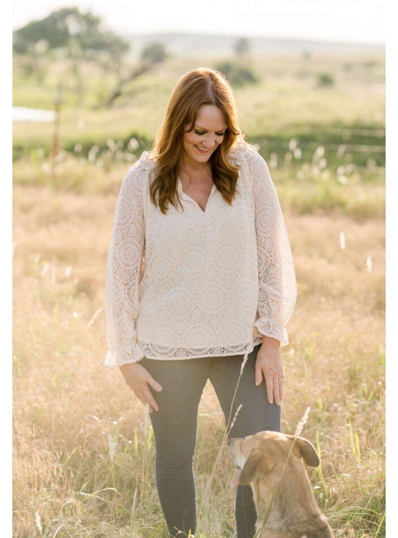 The Pioneer Woman Ruffle Collar Lace Blouse with Long Sleeves, Sizes XS-3X, Women's