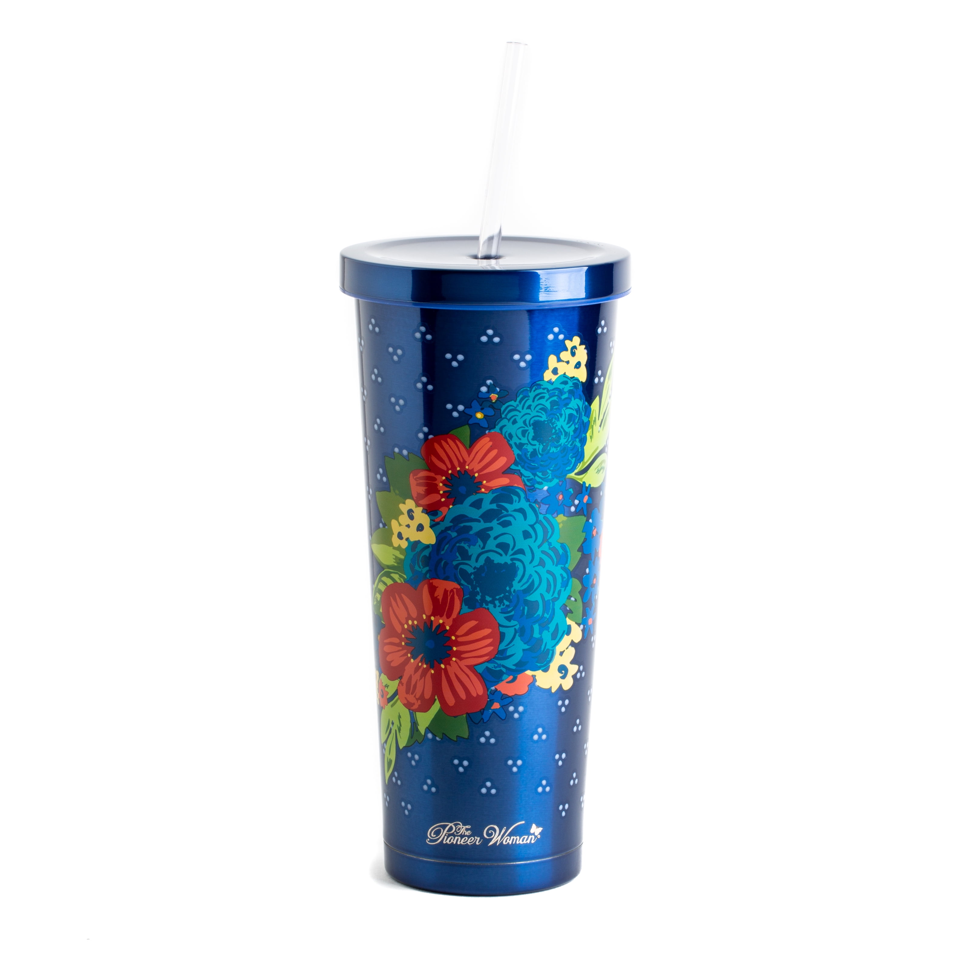 Large Floral Plastic Insulated Tumbler With Straw Red & Blue Multi