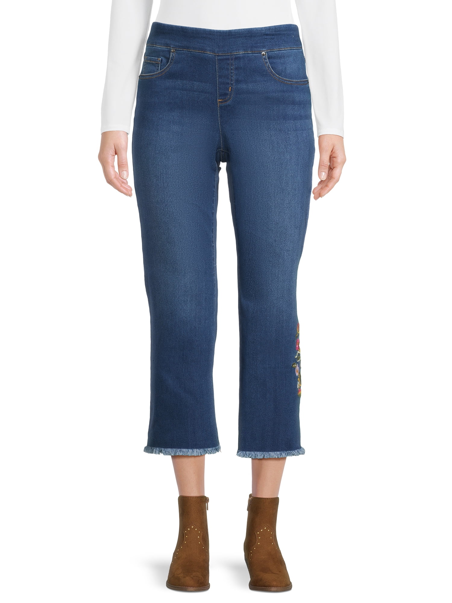 The Pioneer Woman Embroidered Cropped Pull On Denim Jeans, Women's, 25 ...