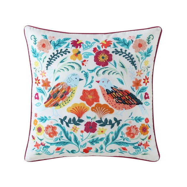 The Pioneer Woman Embroidered Folk Floral Birds Decorative Pillow, 20