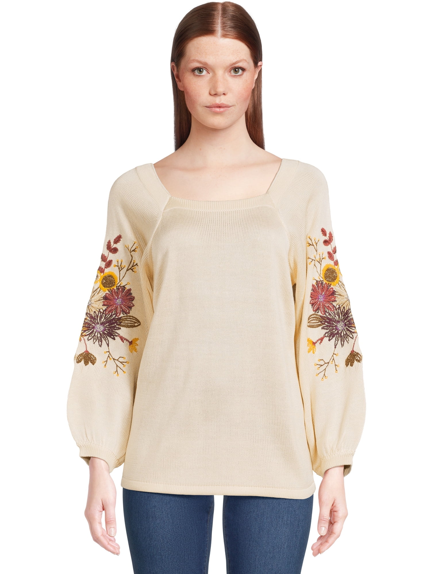 The Pioneer Woman Embroidered Square Neck Pullover Sweater, Women's ...