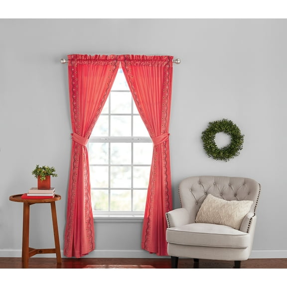 The Pioneer Woman Embroidered Velvet Light Filtering Window Curtain Panel Pair with Tie Backs, Set of 2, Coral Fire, 40" W x 84" L