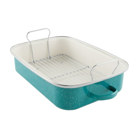 The Pioneer Woman Enamel-on-Steel Roaster with Rack, Teal Speckle