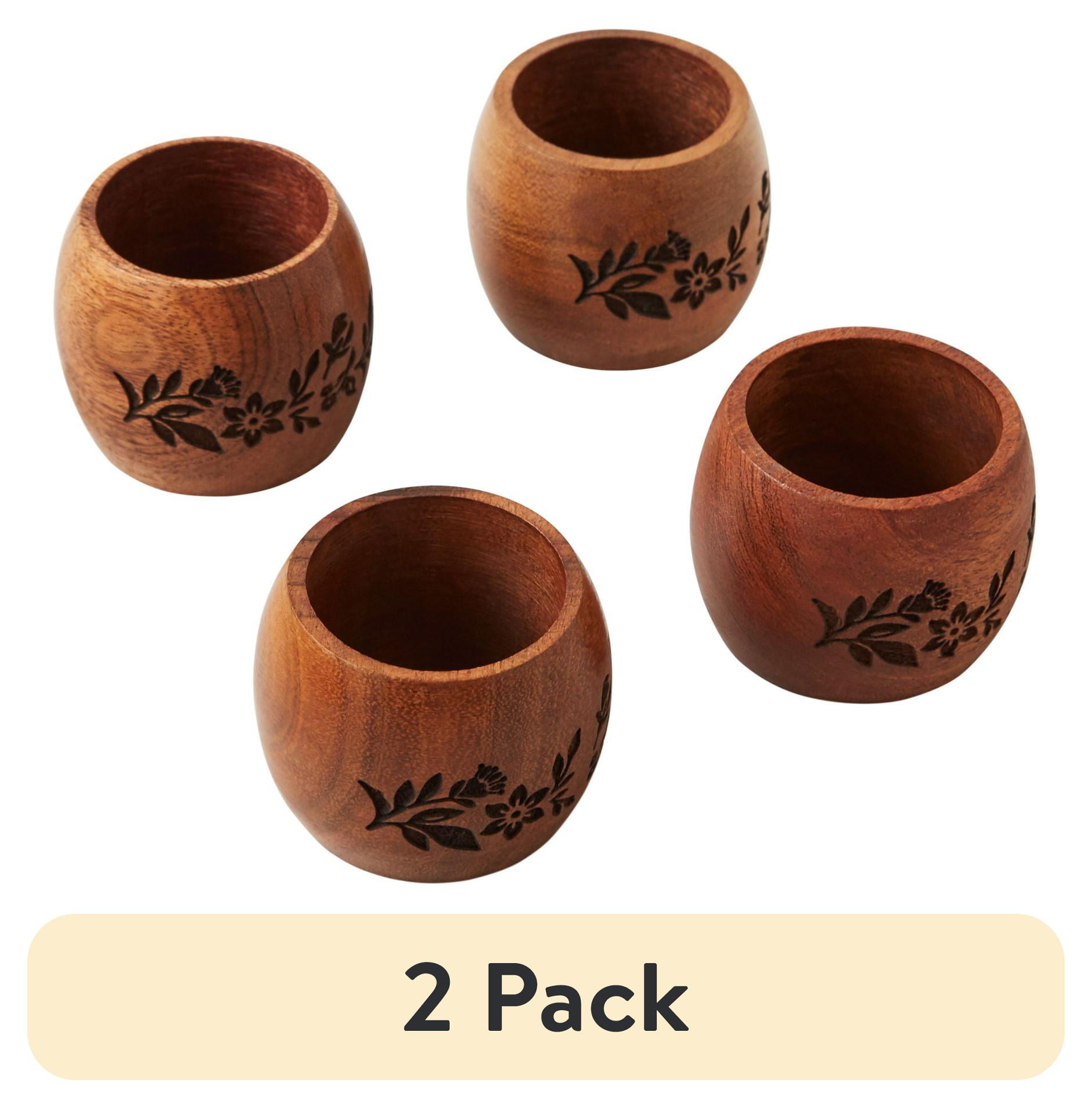 Natural Acacia Wood Etched Napkin Rings, Set of 4