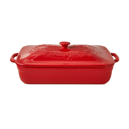 The Pioneer Woman Fancy Flourish Rectangular Stoneware Casserole with Lid, Red