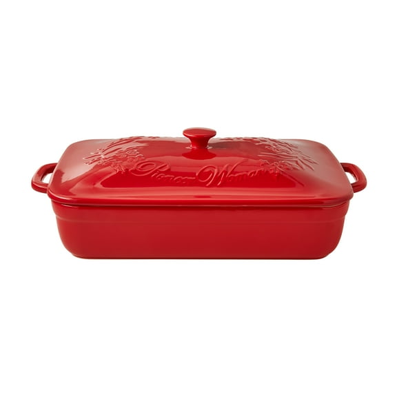 The Pioneer Woman Fancy Flourish Rectangular Stoneware Casserole with Lid, Red