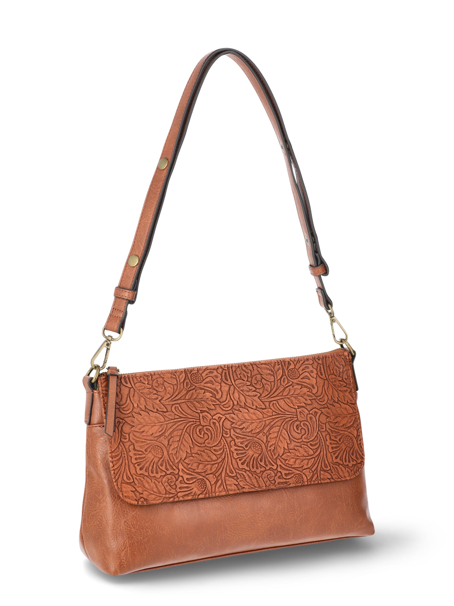 The Pioneer Woman Faux Leather Tooled Shoulder Handbag, Cognac
