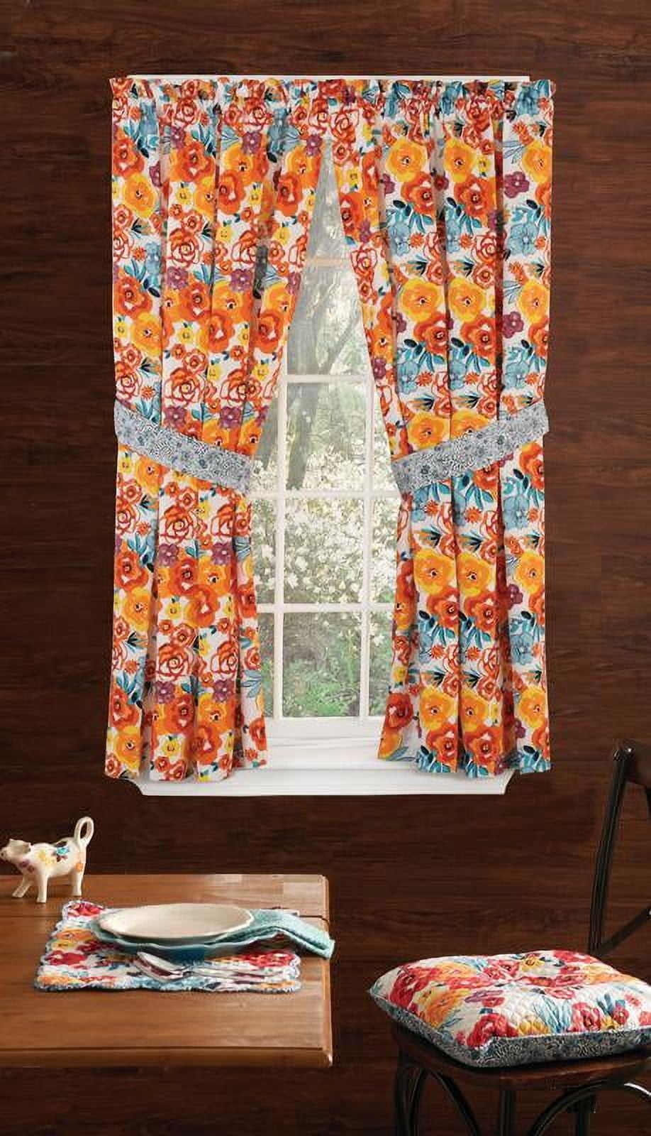 The Pioneer Woman Flea Market Floral Curtain Panel Pair with Tie Backs, Set of 2, Multicolor, 40"W x 54"L