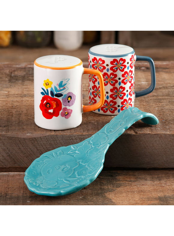 The Pioneer Woman Flea Market Floral Spoon Rest and Salt & Pepper Shaker Set, Turquoise