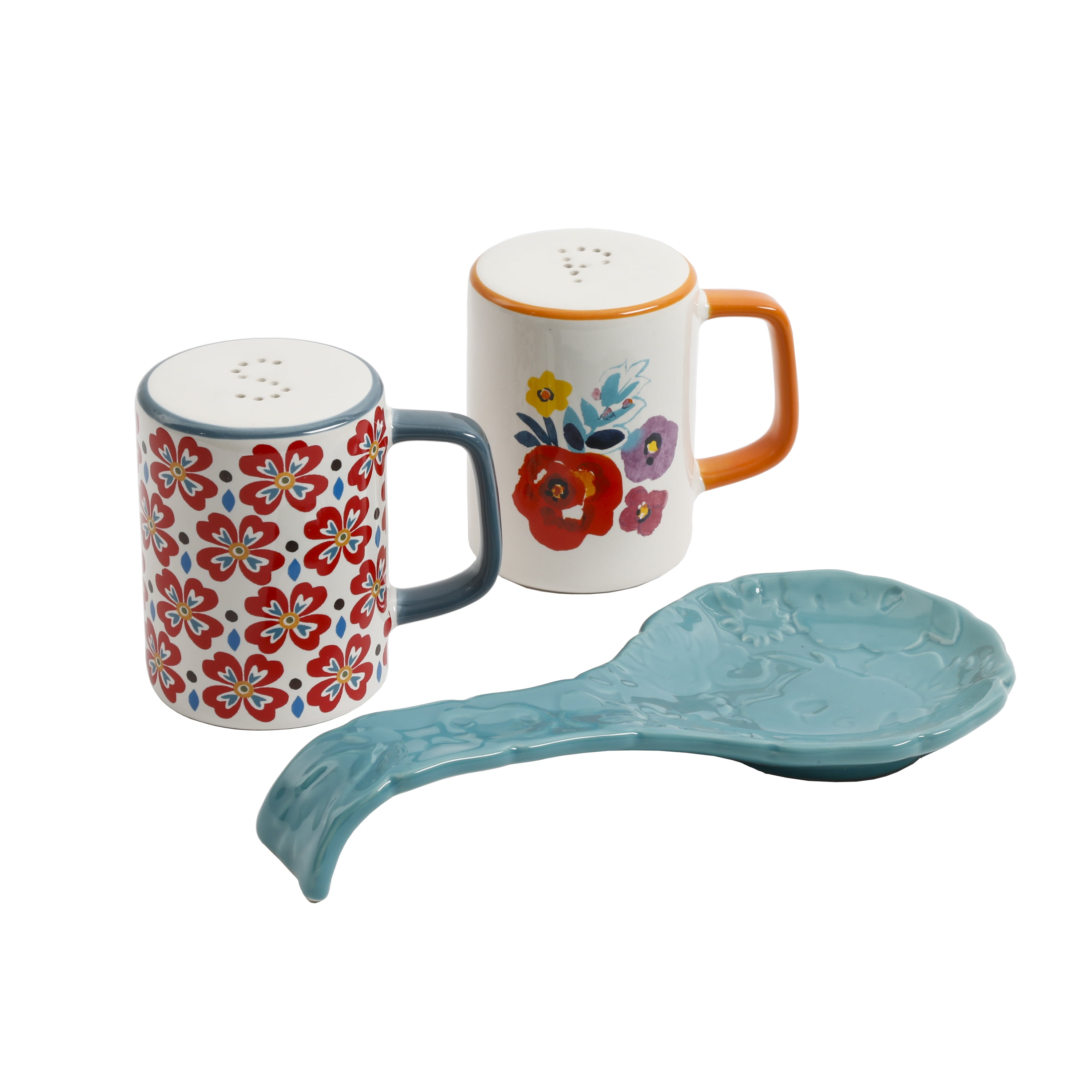 The Pioneer Woman Flea Market Floral Spoon Rest and Salt & Pepper Shaker Set, Turquoise, Durable Stoneware